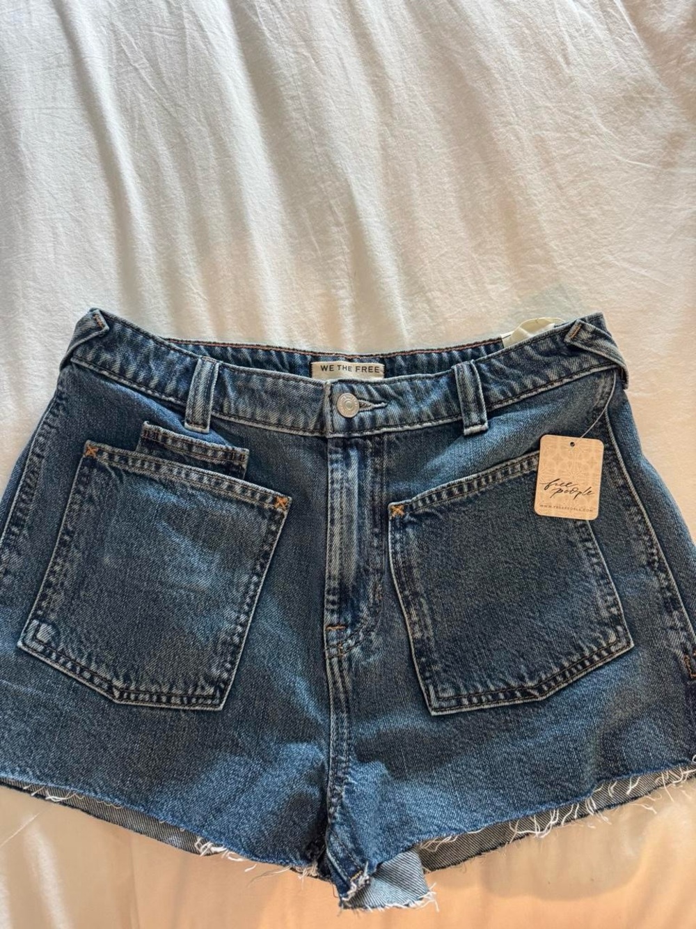 Free People Indigo Blue High-Rise Patch-Pocket Denim Shorts